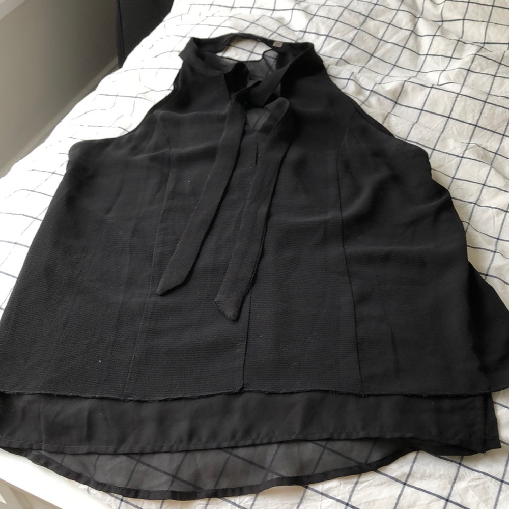 Black Sleeveless Tie Front Blouse w Sheer Details